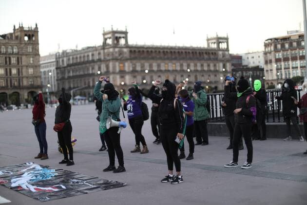Members of feminist groups protest to demand that the President of Mexico, Andres Manuel Lopez Obrador, revoke the pre-candidacy of Senator Felix Salgado Macedonio for the Government of Guerrero amid rape accusations, in the Zocalo of Mexico City, Mexico, 15 February 2021. In front of the National Palace, a score of women performed the song popularized by the Chilean LasTesis, A rapist on your way , with which they demanded justice and demanded not to register Salgado Macedonio as a candidate for the Governor of Guerrero. Mexicans sing A rapist on your way to stop political candidacy !ACHTUNG: NUR REDAKTIONELLE NUTZUNG!  Copyright: xSáshenkaxGutiérrezx MEX5055 20210215-637490058336248455
