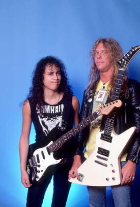 CHICAGO, IL - APRIL 5: Guitarist Kirk Hammett and vocals, guitarist James Hetfield pose for a studio portrait during the Damage, Inc. Tour on April 5, 1986 at the UIC Pavilion in Chicago, Illinois. Copyright: xRossxMarinoxArchivex xMediaPunchx