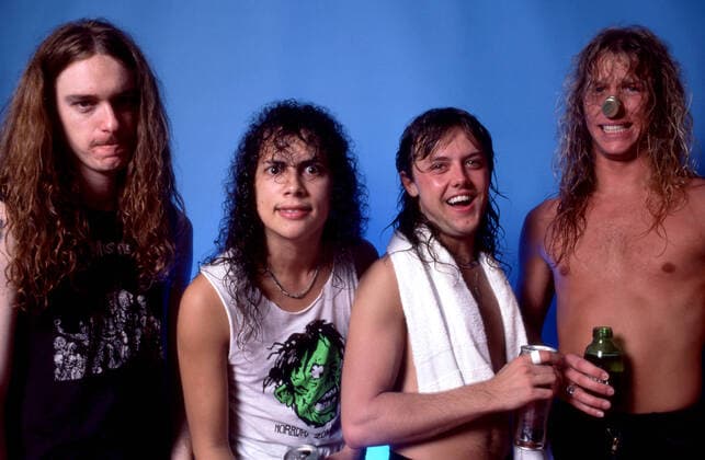 CHICAGO, IL - APRIL 5: (L-R) Bass guitarist Cliff Burton (1962-1986), guitarist Kirk Hammett, drummer Lars Ulrich and vocals, guitarist James Hetfield of the group Metallica pose for a studio portrait during the Damage, Inc. Tour on April 5, 1986 at the UIC Pavilion in Chicago, Illinois. Copyright: xRossxMarinoxArchivex xMediaPunchx