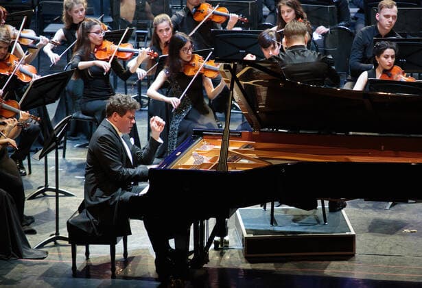 IRKUTSK, RUSSIA - FEBRUARY 19, 2021: Russian pianist Denis Matsuev performs during the opening of the Stars on Baikal International Music Festival at Zagursky Music Theatre. The festival is the first large-scale cultural event in the region since the lifting of COVID-19 restrictions. Alexei Kushnirenko TASS  TS0F7437