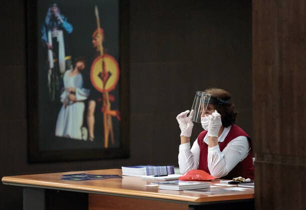 IRKUTSK, RUSSIA - FEBRUARY 19, 2021: A theatre usher is seen at Zagursky Music Theatre that hosts the Stars on Baikal International Music Festival. The festival is the first large-scale cultural event in the region since the lifting of COVID-19 restrictions. Alexei Kushnirenko TASS  TS0F743B