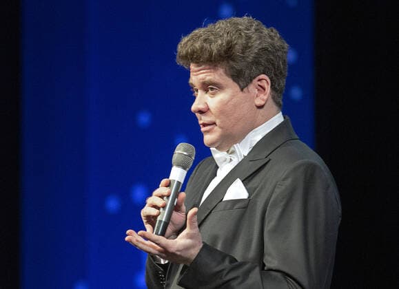 IRKUTSK, RUSSIA - FEBRUARY 19, 2021: Russian pianist Denis Matsuev speaks during the opening of the Stars on Baikal International Music Festival at Zagursky Music Theatre. The festival is the first large-scale cultural event in the region since the lifting of COVID-19 restrictions. Alexei Kushnirenko TASS  TS0F7436