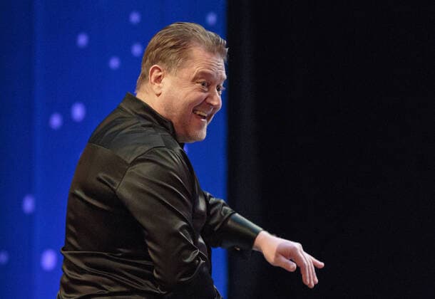 IRKUTSK, RUSSIA - FEBRUARY 19, 2021: Russian conductor Alexander Sladkovsky performs during the opening of the Stars on Baikal International Music Festival at Zagursky Music Theatre. The festival is the first large-scale cultural event in the region since the lifting of COVID-19 restrictions. Alexei Kushnirenko TASS  TS0F7445