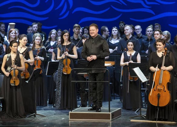 IRKUTSK, RUSSIA - FEBRUARY 19, 2021: Russian conductor Alexander Sladkovsky (C) acknowledges the audience after performing during the opening of the Stars on Baikal International Music Festival at Zagursky Music Theatre. The festival is the first large-scale cultural event in the region since the lifting of COVID-19 restrictions. Alexei Kushnirenko TASS  TS0F744B