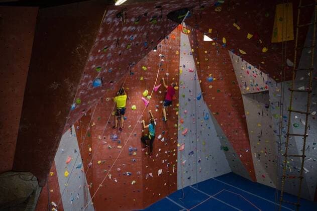 IMAGO Creative: Klub-Sport View of trainer and athletes rock climbing in fitness club High angle view of trainer and athletes rock climbing in fitness club, model released, , property released, Cork, Ireland, 10.05.2017, 1062690.jpg, trainer, athlete, rock climbing, gym, climbing, wall, fitness studio, class, health club, athleticism, confidence, well being, healthy lifestyle, sport, sportswear, exercising, active, athletic, fitness, health, sporty, physical, exercise class, sports clothing, determination, dedication, training, effort, activity, sports training, climbing wall, club, healthy, fitness club, risk, challenge, wellness, hand grip, balance, skill, preparation, practicing, millennial, training , together Man, Male, Caucasian, 20s, Young Adult, Woman, Fema