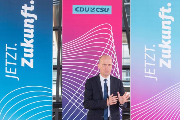 Berlin, Ralph Brinkhaus gives press conference in the Bundestag Ralph Brinkhaus chairman of the CDU CSU parliamentary group in the Bundestag during the press conference of the Cdu Csu parliamentary group in the German Bundestag on 23 02 2021 Berlin Bundestag Berlin Germany