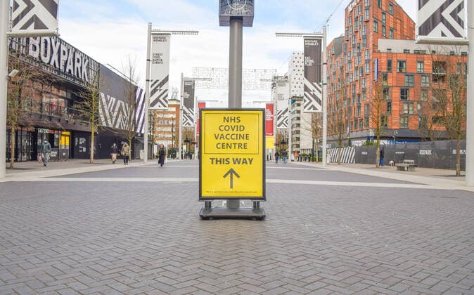January 21, 2021, London, United Kingdom: NHS Covid-19 Vaccine Centre sign in Wembley, London..Over 17 million people have received their first dose of the covid-19 vaccine in the UK. London United Kingdom - ZUMAs197 20210121_zaa_s197_276 Copyright: xVukxValcicx