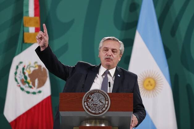 Argentine President Alberto Fernandez participates in a morning press conference with his Mexican counterpart Andres Manuel Lopez Obrador (out of frame), at the National Palace of Mexico City, Mexico, 23 February 2021. Fernandez insisted on Tuesday thatMexico and Argentina should join forces and their potential in Latin America to create an axis that unites the entire continent . Alberto Fernandez: Mexico and Argentina must create an axis that unites the continent !ACHTUNG: NUR REDAKTIONELLE NUTZUNG!  Copyright: xJosexMendezx MEX5553 20210223-637496916856817329
