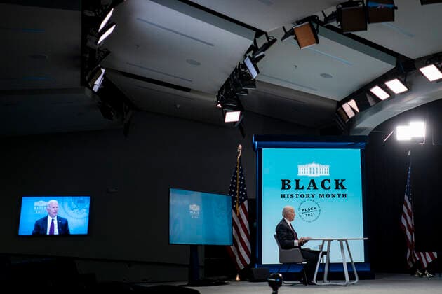 February 23, 2021, Washington, District of Columbia, USA: United States President Joe Biden participates in a virtual roundtable with Black essential workers, in the South Court Auditorium of the New Executive Building adjacent to the White House in Washington, D.C., on Tuesday, February 23, 2021 Washington USA - ZUMAs152 20210223_zaa_s152_369 Copyright: xPetexMarovichx