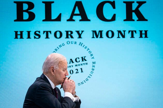 February 23, 2021, Washington, District of Columbia, USA: United States President Joe Biden participates in a virtual roundtable with Black essential workers, in the South Court Auditorium of the New Executive Building adjacent to the White House in Washington, D.C., on Tuesday, February 23, 2021 Washington USA - ZUMAs152 20210223_zaa_s152_341 Copyright: xPetexMarovichx