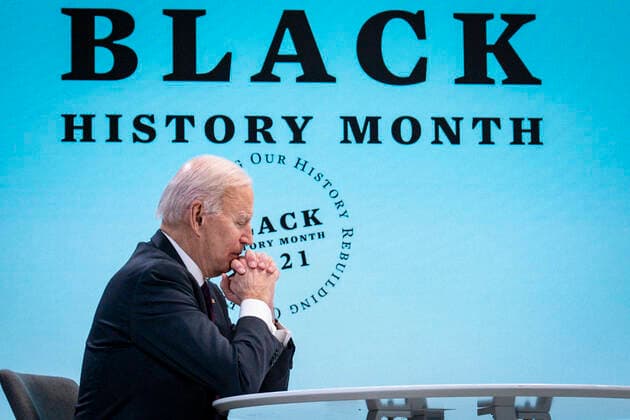 February 23, 2021, Washington, District of Columbia, USA: United States President Joe Biden participates in a virtual roundtable with Black essential workers, in the South Court Auditorium of the New Executive Building adjacent to the White House in Washington, D.C., on Tuesday, February 23, 2021 Washington USA - ZUMAs152 20210223_zaa_s152_355 Copyright: xPetexMarovichx