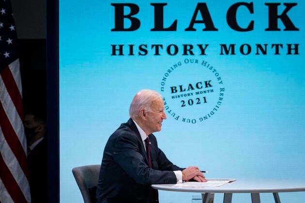February 23, 2021, Washington, District of Columbia, USA: United States President Joe Biden participates in a virtual roundtable with Black essential workers, in the South Court Auditorium of the New Executive Building adjacent to the White House in Washington, D.C., on Tuesday, February 23, 2021 Washington USA - ZUMAs152 20210223_zaa_s152_358 Copyright: xPetexMarovichx
