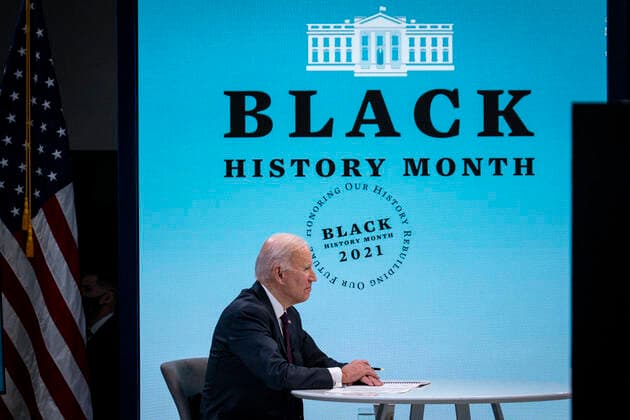 February 23, 2021, Washington, District of Columbia, USA: United States President Joe Biden participates in a virtual roundtable with Black essential workers, in the South Court Auditorium of the New Executive Building adjacent to the White House in Washington, D.C., on Tuesday, February 23, 2021 Washington USA - ZUMAs152 20210223_zaa_s152_360 Copyright: xPetexMarovichx