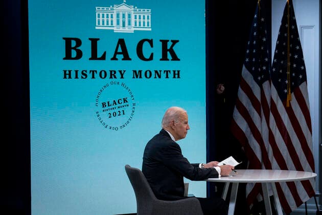 February 23, 2021, Washington, District of Columbia, USA: United States President Joe Biden participates in a virtual roundtable with Black essential workers, in the South Court Auditorium of the New Executive Building adjacent to the White House in Washington, D.C., on Tuesday, February 23, 2021 Washington USA - ZUMAs152 20210223_zaa_s152_362 Copyright: xPetexMarovichx