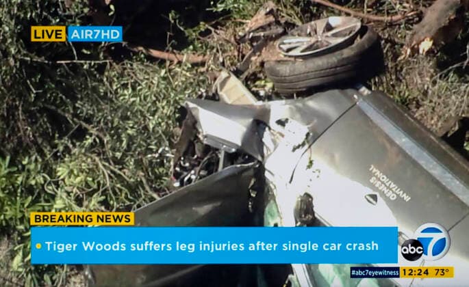 February 23, 2021, Palos Verdes, California, USA - ABC News helicopter coverage of a car crash involving golfer TIGER WOODS. He was extracted from the car this morning using the jaws of life and transported to a hospital, where he is currently undergoing surgery for leg injuries. Palos Verdes USA - ZUMAce6_ 20210223_zaf_ce6_005 Copyright: xAbcxNewsx