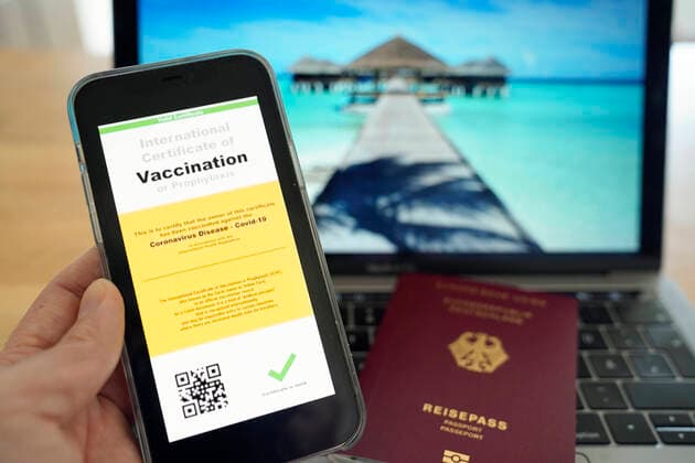 Symbol photo of a possible digital vaccination passport and a German passport of the European Union Currently, one plans the introduction of a digitized vaccination passport to confirm the Corona protection vaccination against the Corona virus Germany