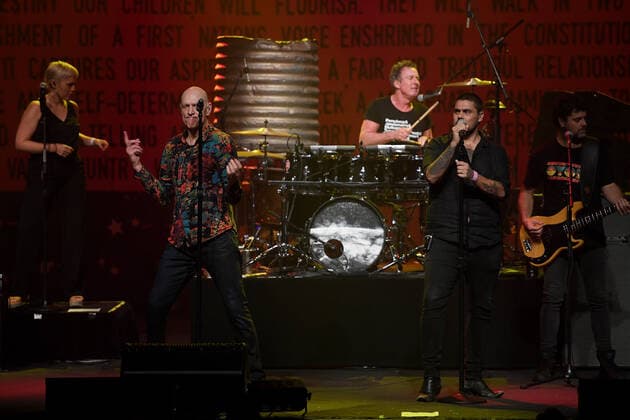 MIDNIGHT OIL MAKARRATA LIVE SYDNEY, Midnight Oil perform Gadigal Land with Dan Sultan during a warm-up show ahead of their Makarrata Project tour, at the Enmore Theatre, in Sydney, Thursday, February 25, 2021. ( NO ARCHIVING, EDITORIAL USE ONLY, NO USE IN BOOKS WITHOUT CONSENT SYDNEY NSW AUSTRALIA  Copyright: xDANxHIMBRECHTSx 20210225001523165496