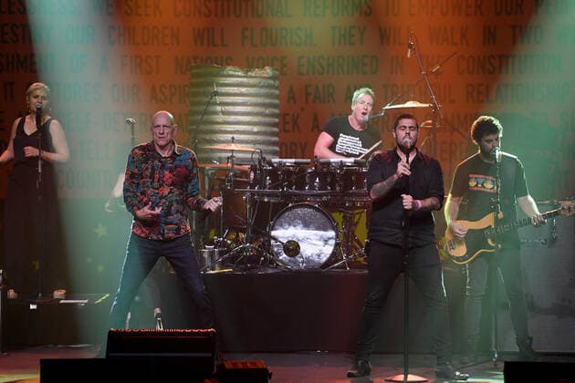 MIDNIGHT OIL MAKARRATA LIVE SYDNEY, Midnight Oil perform Gadigal Land with Dan Sultan during a warm-up show ahead of their Makarrata Project tour, at the Enmore Theatre, in Sydney, Thursday, February 25, 2021. ( NO ARCHIVING, EDITORIAL USE ONLY, NO USE IN BOOKS WITHOUT CONSENT SYDNEY NSW AUSTRALIA  Copyright: xDANxHIMBRECHTSx 20210225001523166282