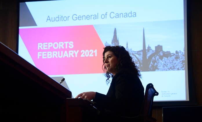 February 25, 2021, Ottawa, on, Canada: Auditor General Karen Hogan holds a press conference after releasing a report in Ottawa on Thursday, Feb. 25, 2021. Ottawa Canada  - ZUMAc35_ 20210225_zaf_c35_041 Copyright: xSeanxKilpatrickx