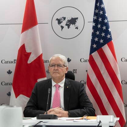 February 26, 2021, Ottawa, on, Canada: Foreign Affairs Minister Marc Garneau waits for a virtual meeting to begin with US Secretary of State Antony Blinken in Ottawa, Friday February 26, 2021. Ottawa Canada  - ZUMAc35_ 20210226_zaf_c35_040 Copyright: xAdrianxWyldx