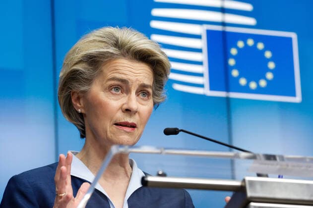 (210227) -- BRUSSELS, Feb. 27, 2021 -- European Commission President Ursula von der Leyen attends a press conference after concluding the second day of the virtual summit in Brussels, Belgium, Feb. 26, 2021. Leaders of the (EU) member states on Friday reaffirmed their commitment to increase the EU s capacity to act autonomously in the context of their strategic debate on European security and defense policy, as well as the need for the bloc to take more responsibility for its security. Concluding a two-day virtual summit, the heads of state and government agreed to enhance cooperation in beefing up the bloc s own security by, among others, improving its partnership with the North Atlantic Treaty Organization (NATO) and the new U.S. admi 