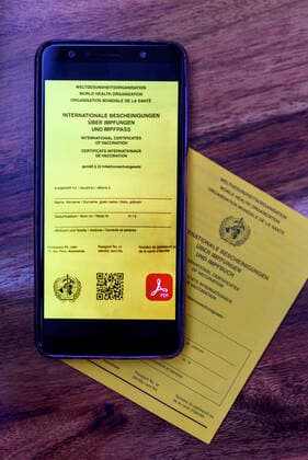 A possible visualization of the planned digital vaccination card lies next to an analog vaccination card The EU heads of state and government had decided on Thursday on a European solution to the Corona vaccination card Topic image, symbol image Foto:xD.xAnoraganingrumx xFuturexImage