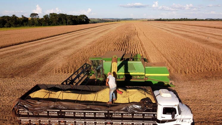 IMAGO Nature: Unsere Erde, Klimawandel, Ernährung, Pflanzen der Zukunft, Soja CAMPO MOURÃO, PR - 26.02.2021: PRODUTORES INICIAM COLHEITA DE SOJA NO PR - The 2020 21 summer grain harvest is expected to total 23.9 million tons in an area of 6.1 million hectares, according to the Department of Rural Economy (Deral), of the State Secretariat for Agriculture and Supply. The volume indicates a reduction of 4% compared to the 2019 2020 harvest. This month& 39;s report points out that both the climate and the occurrence of pests have reduced productivity and grain quality in some of the main crops in Paraná. In the photo, tractors, harvesters, trucks, rural workers and farmers during soybean harvest in Paraná. x2036692x  DirceuxPortugal