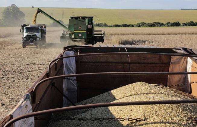IMAGO Nature: Unsere Erde, Klimawandel, Ernährung, Pflanzen der Zukunft, Soja CAMPO MOURÃO, PR - 26.02.2021: PRODUTORES INICIAM COLHEITA DE SOJA NO PR - The 2020 21 summer grain harvest is expected to total 23.9 million tons in an area of 6.1 million hectares, according to the Department of Rural Economy (Deral), of the State Secretariat for Agriculture and Supply. The volume indicates a reduction of 4% compared to the 2019 2020 harvest. This month& 39;s report points out that both the climate and the occurrence of pests have reduced productivity and grain quality in some of the main crops in Paraná. In the photo, tractors, harvesters, trucks, rural workers and farmers during soybean harvest in Paraná. x2036701x  DirceuxPortugal