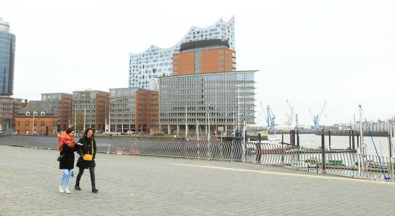 Almost deserted harbour promenade in Hamburg during the lockdown Old Town Hamburg