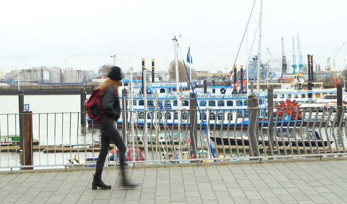 Almost deserted Hamburg harbour promenade during the lockdown Old Town Hamburg