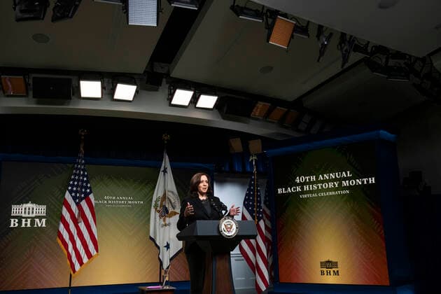 February 27, 2021, Washington, District of Columbia, USA: United States Vice President Kamala Harris delivers remarks at the 40th Annual Black History Month Virtual Celebration hosted by US House Majority Leader Steny Hoyer (Democrat of Maryland) in the South Court Auditorium of the White House in Washington, DC on Saturday, February 27, 2021 Washington USA - ZUMAs152 20210227_zaa_s152_011 Copyright: xRodxLamkeyx-xPoolxViaxCnpx