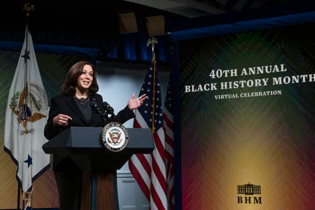 February 27, 2021, Washington, District of Columbia, USA: United States Vice President Kamala Harris delivers remarks at the 40th Annual Black History Month Virtual Celebration hosted by US House Majority Leader Steny Hoyer (Democrat of Maryland) in the South Court Auditorium of the White House in Washington, DC on Saturday, February 27, 2021 Washington USA - ZUMAs152 20210227_zaa_s152_012 Copyright: xRodxLamkeyx-xPoolxViaxCnpx