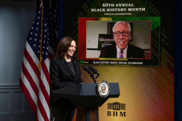 February 27, 2021, Washington, District of Columbia, USA: United States Vice President Kamala Harris delivers remarks at the 40th Annual Black History Month Virtual Celebration hosted by US House Majority Leader Steny Hoyer (Democrat of Maryland) in the South Court Auditorium of the White House in Washington, DC on Saturday, February 27, 2021 Washington USA - ZUMAs152 20210227_zaa_s152_024 Copyright: xRodxLamkeyx-xPoolxViaxCnpx