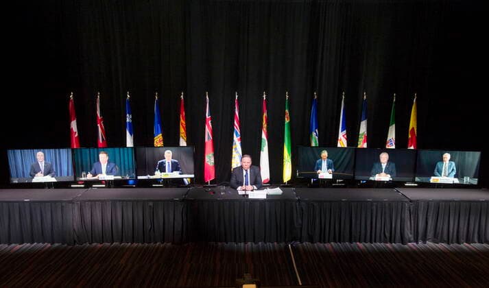 March 4, 2021, Montreal, PQ, Canada: Quebec Premier Francois Legault chairs a premiers virtual news conference Thursday, March 4, 2021 in Montreal. The premiers from the left are: John Horgan, B.C., Jason Kenney, Alberta, Scott Moe, Saskatchewan, Francois Legault, Quebec, , Brian Pallister, Manitoba, Doug Ford, Ontario, and Blaine Higgs, New Brunswick. Montreal Canada  - ZUMAc35_ 20210304_zaf_c35_019 Copyright: xRyanxRemiorzx