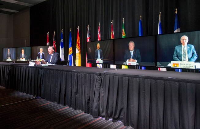 March 4, 2021, Montreal, PQ, Canada: Quebec Premier Francois Legault chairs a premiers virtual news conference Thursday, March 4, 2021 in Montreal. The premiers from the left are: John Horgan, B.C., Jason Kenney, Alberta, Scott Moe, Saskatchewan, Francois Legault, Quebec, , Brian Pallister, Manitoba, Doug Ford, Ontario, and Blaine Higgs, New Brunswick. Montreal Canada  - ZUMAc35_ 20210304_zaf_c35_020 Copyright: xRyanxRemiorzx