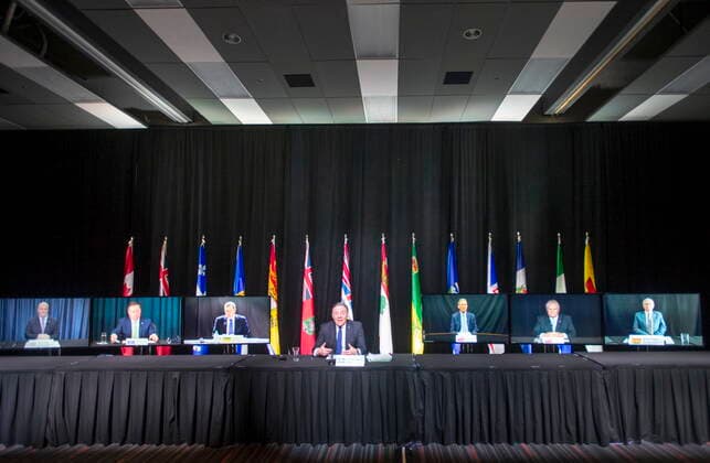 March 4, 2021, Montreal, PQ, Canada: Quebec Premier Francois Legault chairs a premiers virtual news conference Thursday, March 4, 2021 in Montreal. The premiers from the left are: John Horgan, B.C., Jason Kenney, Alberta, Scott Moe, Saskatchewan, Francois Legault, Quebec, , Brian Pallister, Manitoba, Doug Ford, Ontario, and Blaine Higgs, New Brunswick. Montreal Canada  - ZUMAc35_ 20210304_zaf_c35_025 Copyright: xRyanxRemiorzx