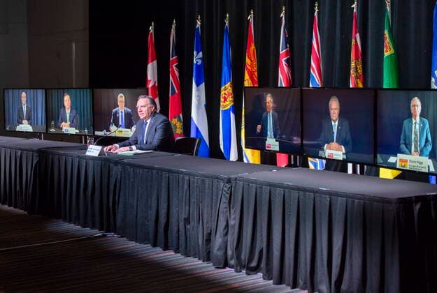 March 4, 2021, Montreal, PQ, Canada: Quebec Premier Francois Legault chairs a premiers virtual news conference Thursday, March 4, 2021 in Montreal. The premiers from the left are: John Horgan, B.C., Jason Kenney, Alberta, Scott Moe, Saskatchewan, Francois Legault, Quebec, , Brian Pallister, Manitoba, Doug Ford, Ontario, and Blaine Higgs, New Brunswick. Montreal Canada  - ZUMAc35_ 20210304_zaf_c35_024 Copyright: xRyanxRemiorzx