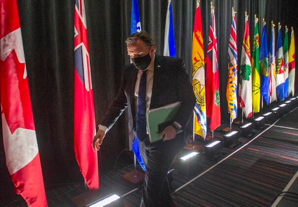 March 4, 2021, Montreal, PQ, Canada: Quebec Premier Francois Legault leaves after chairing a premiers virtual news conference, Thursday, March 4, 2021 in Montreal. Montreal Canada  - ZUMAc35_ 20210304_zaf_c35_033 Copyright: xRyanxRemiorzx