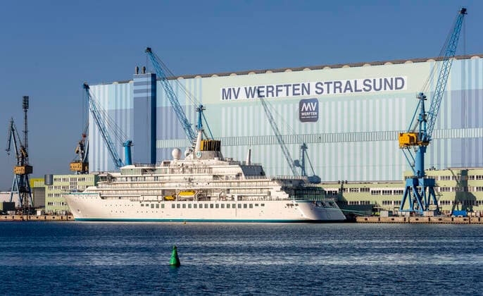 Test drive of the cruise ship Crystal Endeavor The expedition yacht Crystal Endeavor is being prepared for the first test drive at the pier of MV Werften Stralsund GmbH The cruise ship is the first new ship for the shipping company Crystal Cruises, a company of the tourism group Genting Hong Kong Stralsund Mecklenburg Vorpommern Germany