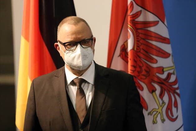 Minister of the Interior Michael Stübgen CDU during a press conference on planned relaxation of measures against the spread of the coronavirus, State Chancellery, Potsdam, 5 March 2021 Brandenburg Coronavirus PK
