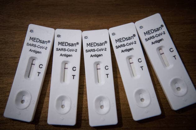 Antigen Rapid Tests for the Corona Virus Sars CoV 2 by MEDsan are held for a photo illustration photo enclosure SARS CoV 2 Antigen Rapid Tests