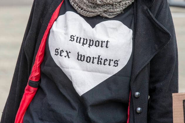A demonstration organized by the UTSOPI collective to protest against the closure of sex work activities, Sunday 07 March 2021, in Brussels.  NICOLASxMAETERLINCK 2658072