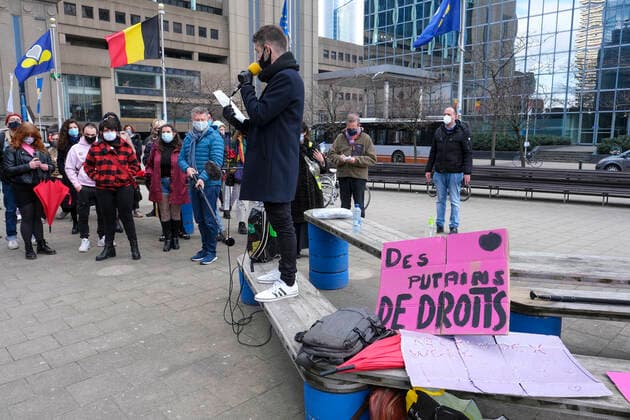 A demonstration organized by the UTSOPI collective to protest against the closure of sex work activities, Sunday 07 March 2021, in Brussels.  NICOLASxMAETERLINCK 2658079