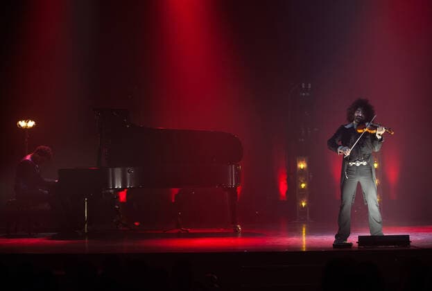 March 7, 2021, Malaga, Spain: Ara Malikian (R) plays his violin next to a pianist (L) during the performance..Armenian-Spanish violinist, Ara Malikian performs at Cervantes theatre in his new musical show Le petite garage , adapted from restrictions and safety measures caused by coronavirus pandemic. Malaga Spain - ZUMAs197 20210307_zaa_s197_120 Copyright: xJesusxMeridax