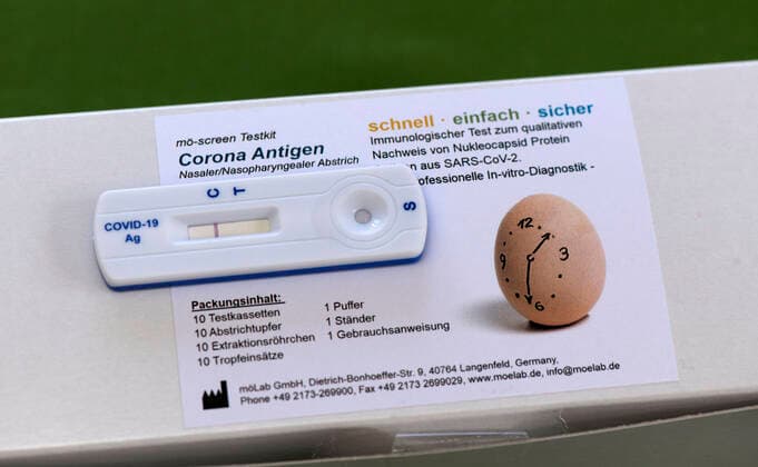 07 03 2021, A COVID 19 Antigen Test Kit Rapid Home Test The Corona Antigen Test is a test for the qualitative detection of nucleocapsid protein antigen from SARS CoV 2 in nasal swab specimens from individuals s
