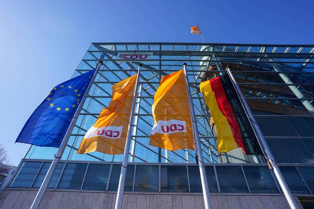 Berlin, Germany 08 March 2021 Exterior view of the CDU party headquarters in Berlin with the logo and lettering of the political party In front of the building the flags of the CDU, the Federal Republic of Germany and Europe Berlin are flying. Copyright: xFotostandx xReuhlx