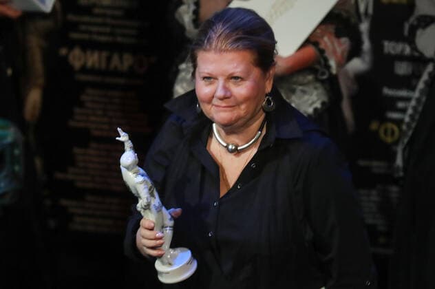 ST PETERSBURG, RUSSIA - MARCH 8, 2021: Actress Irina Muravyeva holds her trophy For Serving the Russian Repertory Theater at the 11th Andrei Mironov Figaro Russian National Acting Award ceremony at Andrei Mironov Russian Enterprise Theater. Alexander Demianchuk TASS  TS0F8E0A