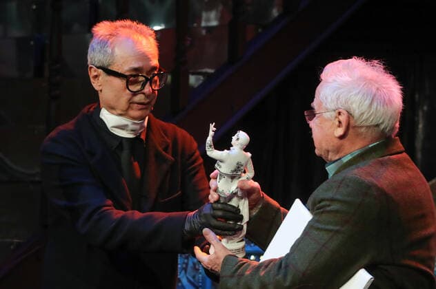 ST PETERSBURG, RUSSIA - MARCH 8, 2021: Actor Valery Fokin (R) presents the award For Serving the Russian Cinema to actor Sergei Nikonenko at the 11th Andrei Mironov Figaro Russian National Acting Award ceremony at Andrei Mironov Russian Enterprise Theater. Alexander Demianchuk TASS  TS0F8E18