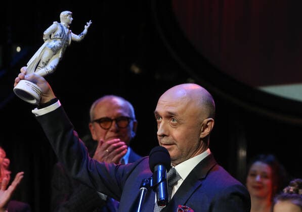 ST PETERSBURG, RUSSIA - MARCH 8, 2021: Actor Andrei Shimko, the winner of the prize The Best of the Best, at the 11th Andrei Mironov Figaro Russian National Acting Award ceremony at Andrei Mironov Russian Enterprise Theater. Alexander Demianchuk TASS  TS0F8E27