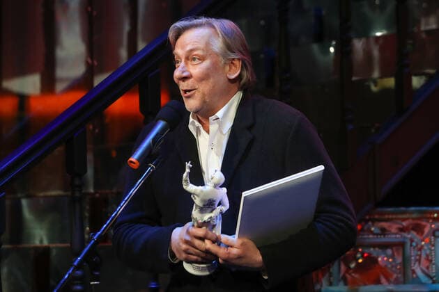 ST PETERSBURG, RUSSIA - MARCH 8, 2021: Actor Viktor Rakov, the winner of the prize The Best of the Best, at the 11th Andrei Mironov Figaro Russian National Acting Award ceremony at Andrei Mironov Russian Enterprise Theater. Alexander Demianchuk TASS  TS0F8E2A